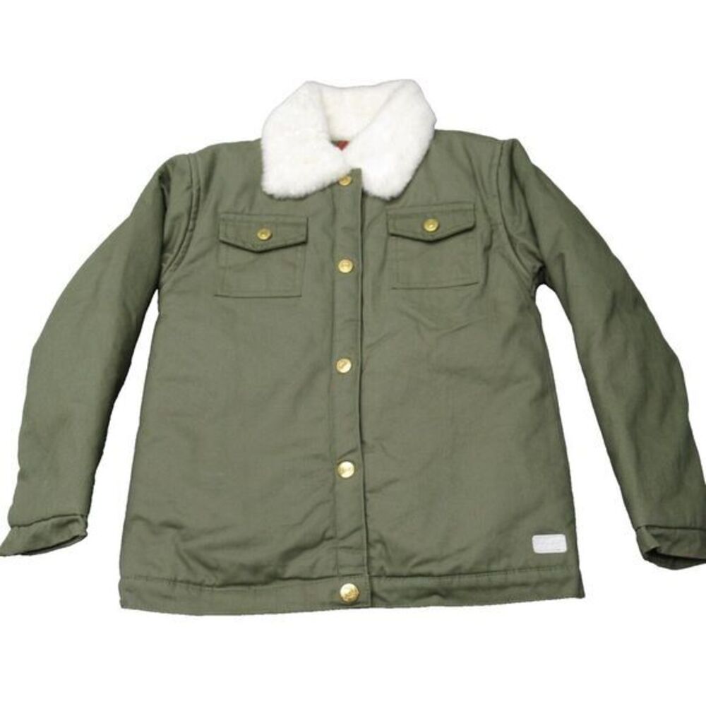 7 For All Mankind Jacket Youth 6X Medium Army Green Faux Fur Collar Snap Front